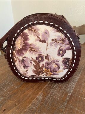 Western Brown Floral Round Crossbody Bag with Purple Accents